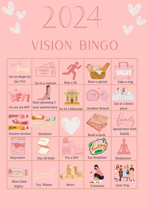 2024 Vision Board Bingo Template, Personal Goals Bingo Game, Aesthetic Vision Board Printable, Vision Board Activity, Vision Board Party - Etsy UK Vision Board Bingo Template, Bingo Board Ideas, Vision Bored 2024, Pinterest Board Template, Bingo Vision Board Template, 2025 Vision Board Bingo, Vision Board Bingo Ideas, Goal Bingo Board, Vision Board Party Games