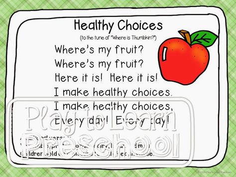 "Healthy Choices" Food Group song for circle time - Play to Learn Preschool Preschool Nutrition, Healthy Habits Preschool, Play To Learn Preschool, Preschool Food, Circle Time Songs, Gym Nutrition, Nutrition Activities, Healthy Bodies, Nutrition Month