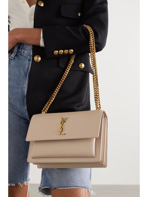 SAINT LAURENT Sunset medium leather shoulder bag | NET-A-PORTER Ysl Sunset Bag Medium, Beige Sunset, Ysl Sunset Bag, Sac Yves Saint Laurent, Ysl Crossbody Bag, Ysl Purse, Push Gifts, Neutral Bag, Miu Miu Handbags