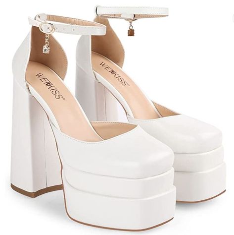 White Chunky Heels, Platform Chunky Heels, White Platform Heels, Chunky Platform Heels, Versace Heels, Black Cowgirl Boots, White Block Heels, Heels Chunky, Dr Shoes