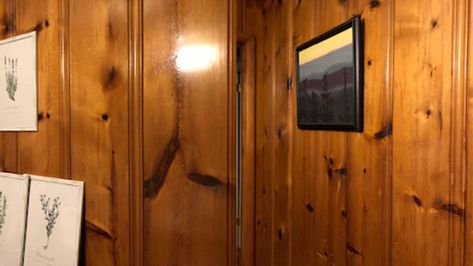 Knotty pine paneling that has turned orange Painted Knotty Pine Walls, Knotty Pine Walls Color Schemes, Wood Paneled Room, Knotty Pine Living Room, Stained Knotty Pine, Knotty Pine Decor, Knotty Pine Rooms, Knotty Pine Ceiling, Knotty Pine Cabinets