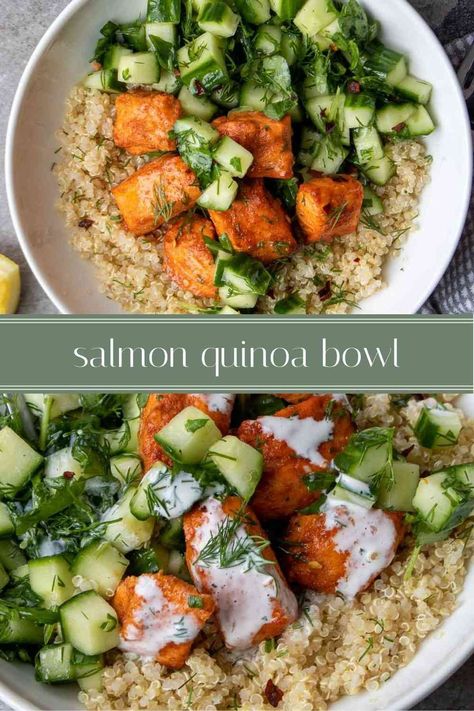 Ready in under 30 minutes, this salmon quinoa bowl is perfect for a quick, easy, and healthy dinner. Filled with protein, complex carbohydrates, and healthy fats, these bowls are sure to fill you up without forgoing flavor. Salmon Tzatziki Bowl, Salmon With Salad Dinners, Easy Meal Prep Ideas Pescatarian, Easy Salmon Meal Prep, Salmon Kale Quinoa Bowl, Salmon And Quinoa Salad, Smoked Salmon Quinoa Bowl, Raw Salmon Bowl, Mediterranean Salmon Quinoa Bowl