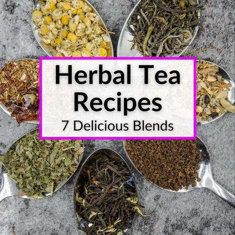 Homemade Tea Recipes Herbs, Making Herbal Tea Blends, Herbal Tea Diy Recipes, Tulsi Tea Blend, Herbal Tea Combinations, How To Make Herbal Tea Blends, Dry Tea Mixes, Home Made Tea Blends, Tea Blends Recipes Herbal