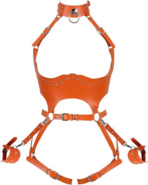 Waist Garter belt Punk Full body harness for women Photography Dance Rock Halloween Leather cage Chest strap set (Orange) at Amazon Women’s Clothing store Jjba Fashion, Body Harness Outfits, Leather Harness Women, Full Body Harness, Hanji And Levi, Black Waist Belt, Body Chain Harness, Leather Garter, Harness Fashion