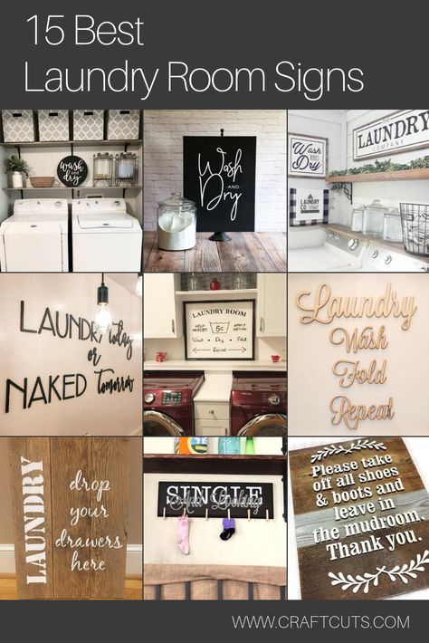 15 of the Best DIY Laundry Room Signs. | CraftCuts.com Farmhouse Laundry Room Decor Diy, Diy Laundry Signs Ideas, Laundry Room Decor Diy Wall Art, Diy Laundry Room Signs Wall Decor, Laundry Room Sign Ideas, Wall Decor Laundry Room, Laundry Room Cricut Ideas, Cute Laundry Room Signs, Cricut Laundry Room Ideas