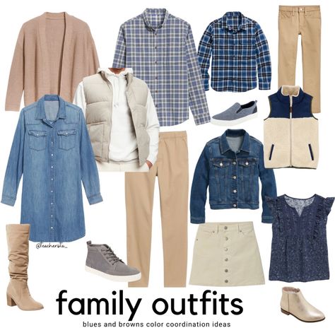 White Blue Brown Family Photos, Navy Blue And Cream Outfit, Navy Blue Family Pictures Outfits, Blue And Khaki Outfit, Outfits For Family Photos, Clothing Palette, 75 Birthday, Portrait Outfits, Extended Family Pictures