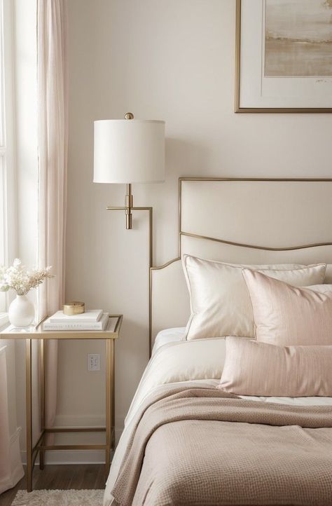 Master Bedrooms Light Pink, Neutral Pink And Gold Bedroom, Blush Pink And Neutral Bedroom, Beige Pink And Gold Bedroom, Pink And Cream Bed, Blush Pink Bedrooms Grown Up, Pink And Beige Room Aesthetic, Cream Color Palette Bedroom, Pink Bedroom Palette