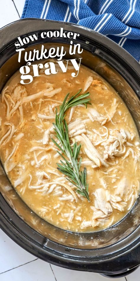 Slow Cooker Turkey in Gravy - Slow cooker turkey in gravy is a foolproof way to get juicy, moist, never dry shredded turkey right in your crockpot with tons of rich gravy! #slowcookerturkeyingravy #maindishes #slowcooker Wild Turkey Recipes Crockpot, Shredded Turkey Sandwiches, Turkey In Gravy, Pulled Turkey Sandwiches, Turkey Crockpot, Rosemary Garnish, Slow Cook Turkey, Pulled Turkey, Turkey Tenderloin Recipes