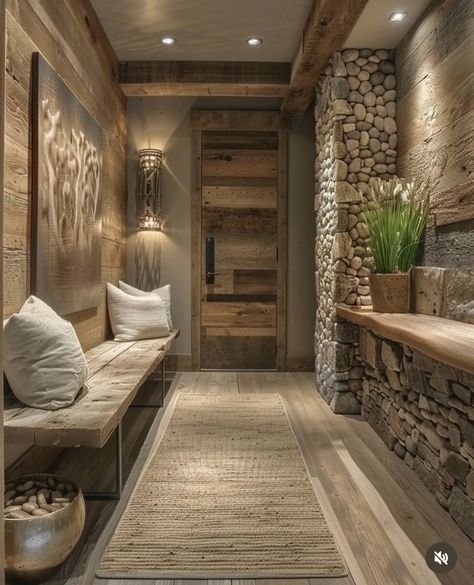 Hallway Design Ideas, Brown Accent Wall, Hallway Seating, Rustic Hallway, Hallway Colours, Cabin Living Room, Narrow Hallway Decorating, Whimsical Wall Art, Hallway Designs