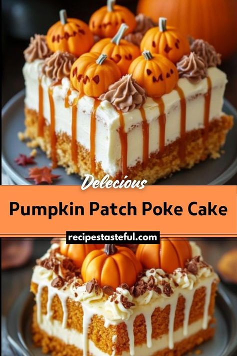 A festive and moist poke cake made with spice cake, pumpkin puree, and filled with creamy vanilla pudding, topped with whipped cream and garnished for a seasonal touch. Spice Cake Pumpkin, Pumpkin Poke Cake, Cake Pumpkin, Pudding Poke Cake, Poke Cake Recipes, Spice Cake Mix, Vanilla Pudding Mix, Poke Cake, Spice Cake