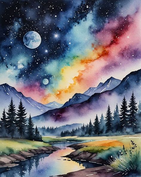 I am making a whole large series of cute Galaxy Watercolor Animals, & a cute Galaxy Watercolor Café treats, and fantasy landscapes. A fun mix of rainbow, galaxy, neon colors. Fun on glitter & holographic paper, too! Once I get them all uploaded, my style & color choices looks great to mix & match & tile a few to many pieces together. Galaxy Watercolor Painting, Galaxy Art Painting, Cool Watercolor, Art Galaxie, Galaxy Watercolor, Space Watercolor, Holographic Paper, Abstract Art Watercolor, Rainbow Watercolor