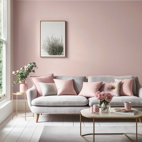 Dusty Rose Living Room Walls, Pink Wall Grey Floor, Pink And Gray Walls, Dusty Pink Living Room Walls, Pink Grey And White Living Room, Home Wall Painting Ideas Living Rooms, Pale Pink Living Room Walls, House Paint Interior Living Room, Pink Lounge Ideas Living Rooms