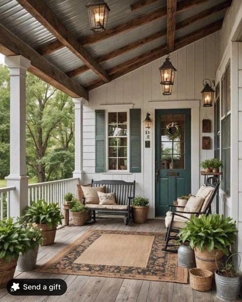 Farmhouse Exterior Small House, Small Veranda Ideas Front Doors, Rustic Patio Decorating Ideas Country Living, Rustic Farmhouse Exterior Country Houses, Porch Storage Ideas Outdoor, Front Door Porch Ideas Entrance, Bungalow Front Porch Ideas, Cottage Porch Ideas, Farmhouse Patios