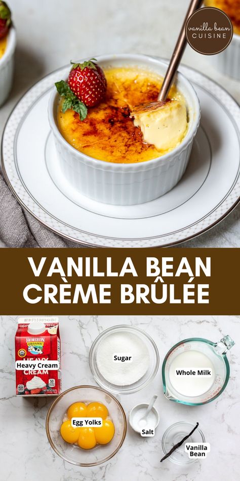 Looking for an easy but impressive holiday dessert? Try this Crème Brûlée featuring a creamy vanilla custard topped with a shatteringly crisp sugar shell. Beyond delicious. Creme Brulee Recipe Vanilla Bean, Vanilla Bean Custard Filling, Vanilla Bean Creme Brulee, Vanilla Bean Custard, Coffee Creme Brulee, Creme Brulee Recipe Easy, Almond Flour Chocolate Cake, Vanilla Bean Recipes, Almond Flour Desserts