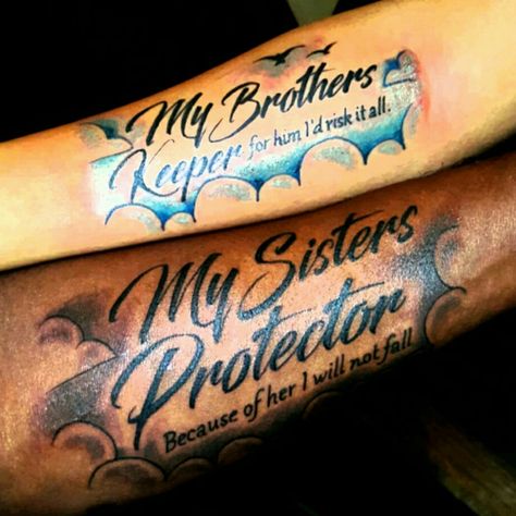 My Brothers Keeper Tattoo, Brothers Keeper Tattoo, My Brothers Keeper, Dr Tattoo, Brothers Keeper, Brother Sister Tattoo, Brother Tattoos, Forarm Tattoos, Sibling Tattoos