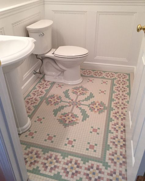 Bathroom Dado Tile, Quilt Tile Floor Bathroom, Pretty Tile Floor, Stamped Tile Floor, Vintage Mosaic Tile Floor, Cottage Tile Floor, Small Tile Floor, Laundry Room Floor Plans, Turn Of The Century Homes