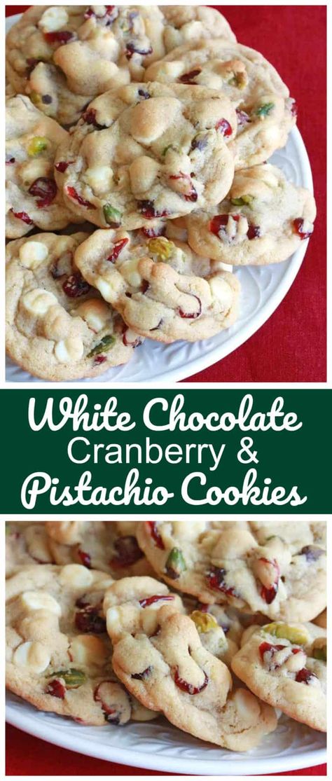 White Chocolate Cranberry Pistachio Cookies Cranberry Pistachio Cookies Christmas, Pistachio White Chocolate Cranberry Cookie, Cranberry Deserts Recipes, Few Ingredient Cookie Recipes, Cranberry White Chocolate Pistachio Cookies, Pistachio Nut Recipes, Cranberry And Pistachio Cookies, Pretty Christmas Cookie Recipes, Pistachio Cookie Bars