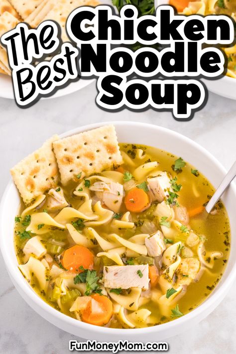 This easy Rotisserie Chicken Noodle Soup, loaded with savory chicken, hearty veggies, and tender noodles, is comfort food at its best. The best part? It's ready in just 30 minutes, making it the perfect dinner recipe for busy weeknights. Big Pot Chicken Noodle Soup, Chicken Noodle Soup Easy Stove Top, Chicken Noodle Soup Elbow Noodles, Crock Pot Rotisserie Chicken Soup, Easy Chicken Noodle Soup Recipe Rotisserie Chicken, Macaroni Chicken Soup, Healthy Soup Recipes With Rotisserie Chicken, Instapot Chicken Noodle Soup Easy, Chunky Chicken Noodle Soup