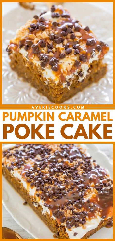 Pumpkin Poke Cake Recipe (with Caramel and Toffee!) - Averie Cooks Pumpkin Poke Cake Recipe, Best Pumpkin Cake, Caramel Poke Cake, Recipe With Caramel, Apple Poke Cake, Pumpkin Poke Cake, Pumpkin Dump Cake Recipe, Spice Cake Mix And Pumpkin, Easy Pumpkin Dessert