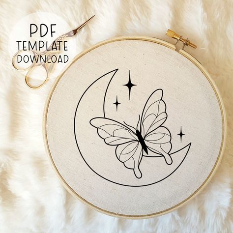 Crescent Moon Embroidery Pattern Download Butterfly Stitching Design Handmade Sewing Pattern Celestial Hand Embroidery Designs, Cute Crafts Moon Embroidery Pattern Free, Butterfly Embroidery Template, Butterfly Embroidery Pattern Templates, Hand Embroidery Patterns Free Templates, Moon Embroidery Pattern, Crescent Moon Embroidery, Insects Embroidery, Butterfly Embroidery Designs, Butterfly Embroidery Pattern