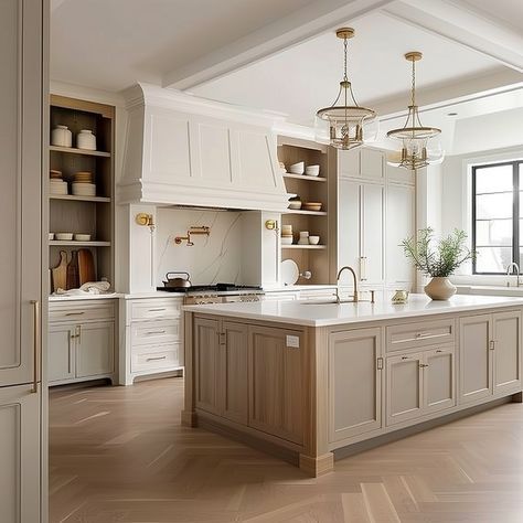 York Linen Kitchen Cabinets, Cream Kitchen With Wood Island, Beige Cabinets Wood Island, Peninsula Kitchen Update, Neutral Kitchen Island Colors, White Kitchen With Taupe Island, Neutral And White Kitchen, Kitchen Wood Hood Ideas, Simply White Benjamin Moore Kitchen