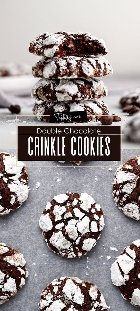 Quick and Easy Double Chocolate Crinkle Cookies Recipe - Tastilly Christmas Party Desserts, Midnight Cookies, Chocolate Crinkle Cookies Recipe, Crinkle Cookies Recipe, Chocolate Crinkle, Chocolate Crinkle Cookies, Chocolate Crinkles, Crinkle Cookies, Melting Chocolate Chips