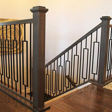 Contemporary Single Rectangle Stair Wrought Iron Balusters (5-Pack) Modern Hollow Metal Railing Spindles (Real Satin Black not Matte) - - AmazonSmile Indoor Railing, Metal Stair Railing, Metal Balusters, Wrought Iron Stair Railing, Modern Stair Railing, Stair Spindles, Stair Balusters, Staircase Railing Design, Iron Stair Railing