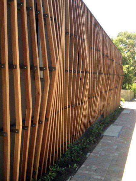 Top 70 Best Wooden Fence Ideas - Exterior Backyard Designs Pagar Modern, Fancy Fence, Wood Facade, Timber Screens, Wooden Facade, Timber Slats, Wood Architecture, Modern Fence, Timber Cladding