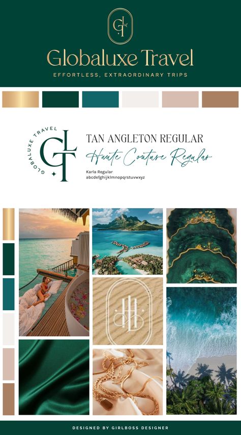 Globaluxe Travel is a brand that exudes professionalism, luxury, and confidence. The inspiration came from a combination of shades of green, gold, and sophisticated typography.To achieve this goal, we have chosen an elegant color palette consisting of emerald green, metallic gold, teal, warm neutrals, and blush. The use of a unique serif font for the main logo creates a sophisticated, high-end vibe that is complemented by the simple and clean sans-serif font below. Check out all the details here Color Palette Luxury Colour Schemes, Teal And Neutral Color Palette, High End Brand Color Palette, Emerald Gold Color Palette, Luxury Travel Color Palette, Teal And Gold Branding, Emerald Green Combination Color, Emerald Color Combinations, Luxury Green Palette