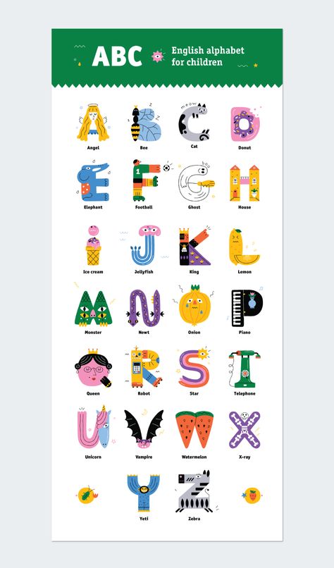 English alphabet for children.  ALPHABET ILLUSTRATION ABC CHILDREN ENGLISH ALPHABET ART CHARACTER DESIGN LETTER LETTER DESIGN TYPE Alphabet Characters Letters, Alphabet Character Design, Illustrated Alphabet Letters, Letters As Characters, Alphabet Drawing Design, Letter Character Design, Creative Alphabet Letters Design, Alphabet Illustration Typography, Alphabet Drawing Letters