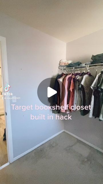 Closet System Ideas Diy, Closet Book Shelf Ideas, Bookshelf In Closet Storage, Shelves In Closet Diy, Closet With High Ceiling, Bookshelf To Closet, Target Shelf Hack, Target Bookshelf Walk In Closet Hack, Target Book Shelf Closet Ideas