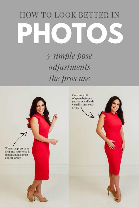 Want to look better in photos? It's all about learning how to pose! Here are 7 tips and tricks pro models, photographers, and bloggers use. These simple adjustments will help you feel more confident and love your images. Posing For Formal Pictures, Best Pose For Pictures Women, How To Pose In A Bodycon Dress, How To Stand For Pictures In A Dress, How To Pose Thinner In Pictures, Posing Guide For Women Dress, Best Way To Pose For Pictures Standing, Slim Photo Poses, Flattering Angles For Plus Size Photos