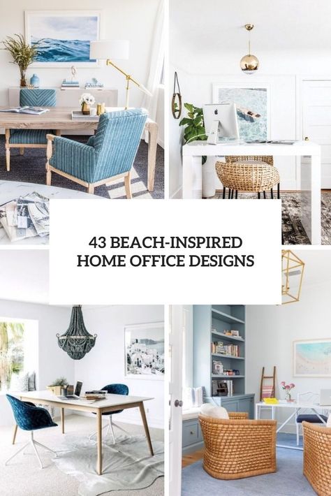 Picture Of a beach home office with a wooden desk, rattan chairs and a daybed, a pendant lamp and navy and white pillows Coastal Home Office Beach, Beach Office Design, Coastal Office Ideas Beach, Office Beach Theme, Coastal Style Office, Coastal Blue Home Office, Costal Home Office, Home Office Beach Style, Florida Room Office Ideas