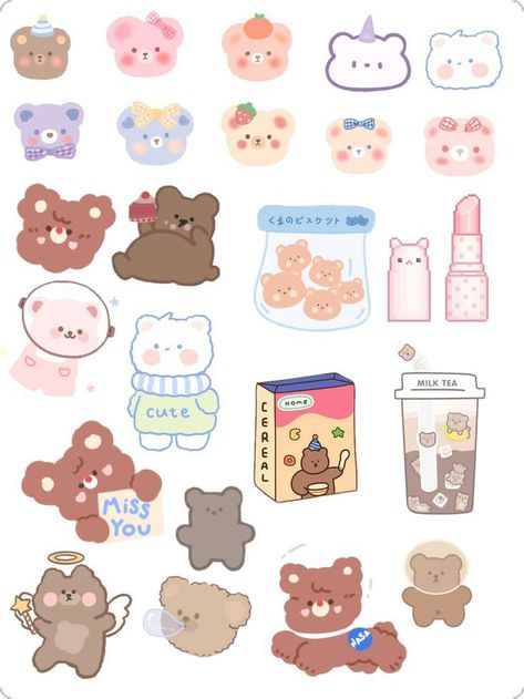 Cute Stickers To Print Aesthetic, Cute Aesthetic Stickers Printable, Cute Printable Stickers Journal, Stickers Aesthetic Printable, Aesthetic Stickers Printable, Printable Stickers Aesthetic, Sticker Printable, Bear Sticker, Korean Stickers