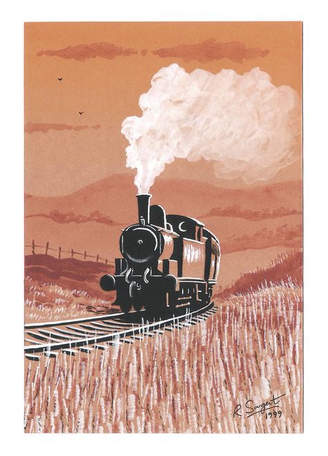 Steam Train. Painting, 1999. Vintage Train Drawing, Vintage Railway Posters, Steam Train Painting, Steam Train Illustration, Steam Train Art, Steam Locomotive Drawing, Vintage Train Illustration, Train Illustration Drawing, Steam Train Drawing