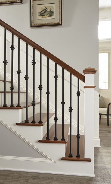 Media Gallery from Crown Heritage Stair Company - Crown Heritage Stair Company Iron Railings Indoor, Indoor Stair Railing, Stair Railing Makeover, درج السلم, Interior Stair Railing, Wrought Iron Stair Railing, Wrought Iron Staircase, Stair Balusters, Staircase Railing Design