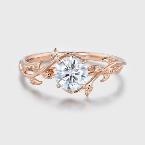 1 Carat Moissanite Nature Inspired Engagement Ring Leaf Flower Ring 14K Rose Gold Bridal Promise Anniversary Gift For Women Nature Inspired Engagement Rings Leaves, Vine Wedding Ring, Engagement Ring Leaf, Dimond Ring, Leaf Wedding Rings, Floral Wedding Ring, Flower Wedding Ring, Nature Engagement Ring, Dream Rings