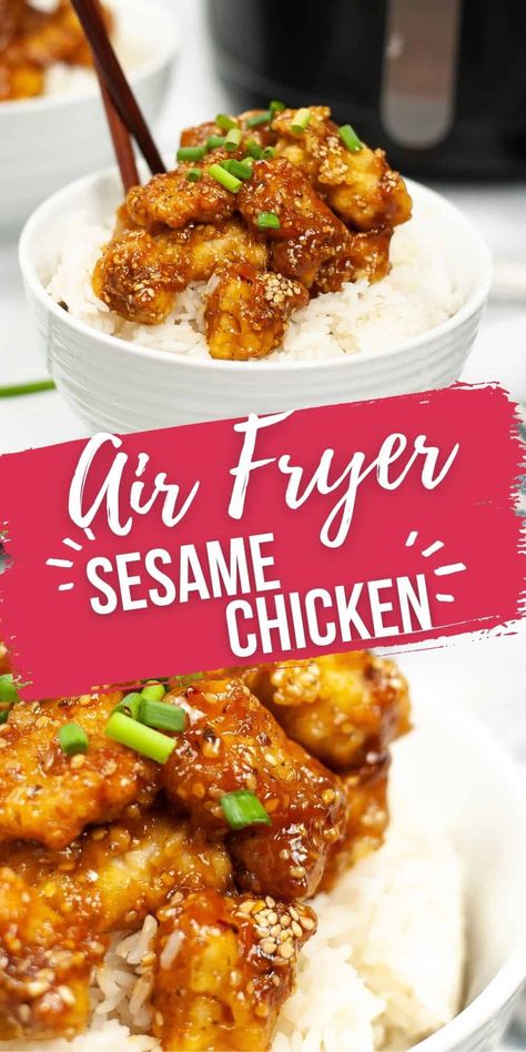 This Sesame Chicken Recipe is perfect for the air fryer. It is crispy on the outside and so tender and juicy on the inside with the perfect sauce. Air Fryer Sesame Chicken, Chicken In The Air Fryer, Chicken Bites Recipes, Asian Chicken Recipes, Honey Sesame Chicken, Sesame Chicken Recipe, Air Fryer Oven Recipes, Air Fryer Recipes Chicken, Easy Air Fryer