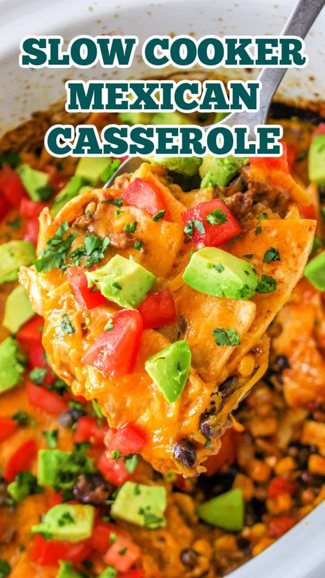 Crockpot Mexican Breakfast Casserole, Crockpot Mexican Casserole Slow Cooker, Crockpot Mexican Meals, Mexican Casserole In Crockpot, Mexican Food In Crockpot, Crockpot Ground Beef Tacos, Crock Pot Taco Casserole, Crock Pot Mexican Recipes, Taco Casserole Crockpot