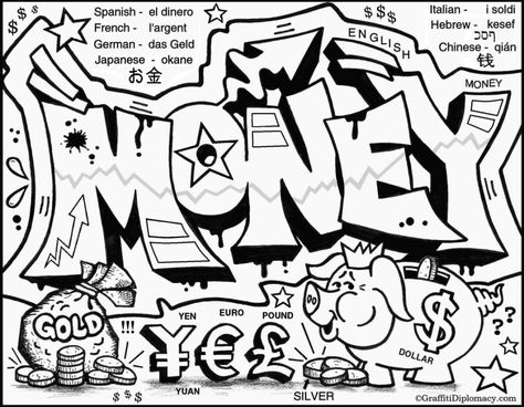 Money Money Graffiti Drawing, Money Coloring Pages, Graffiti Coloring Pages, Graffiti Coloring, Shopkins Colouring Pages, Alphabet Graffiti, Coloring Pages For Teenagers, Graffiti Images, Free Adult Coloring Printables