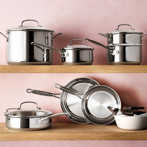 Chef's Classic Stainless Steel 11-Piece Cookware Set | Williams Sonoma Pot Sets Cooking, Kitchen Equipment Storage, Pot And Pan Set, French Kitchens, Fry Pan Set, Stainless Steel Pans, Cookware Set Stainless Steel, Dish Detergent, Stainless Steel Pot