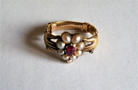 A Very Rare Georgian Gold Ruby And Pearl Heart Shape Lovers Ring With Hands | 755686 | Sellingantiques.co.uk Victorian Gold Rings With Ruby, Antique Pearl Ring With Gemstone, Victorian Garnet Ring, Hand Shaped Ring, Georgian Pearl Ring, Ruby And Pearl, Georgian Ring, Victorian Engagement Rings, Georgian Jewelry