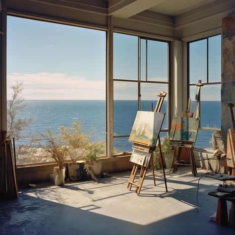 Painters Desk Aesthetic, Aesthetic Art Studio Ideas, Personal Art Studio, Art Atelier Aesthetic, Painting Studio Aesthetic, Mediterranean Office, Aesthetic Art Studio, Art Studio Aesthetic, Atelier Aesthetic