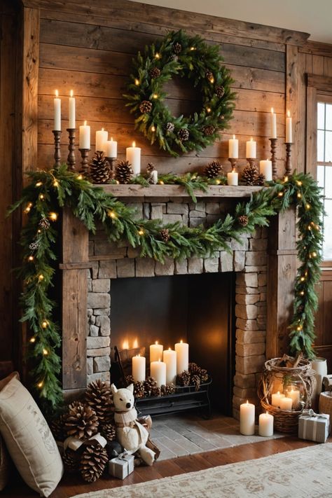 20 Christmas Mantel Decor Ideas – ToolzView Wood Fireplace Accessories, Fireplace Filled With Candles, Holiday Mantle Decor Farmhouse, Natural Christmas Mantle Decor Ideas, Fireplace Mantle Candle Decor, Decorating Unused Fireplace, Fireplace Candle Ideas, No Mantle Fireplace Decor, Candles Inside Fireplace Ideas