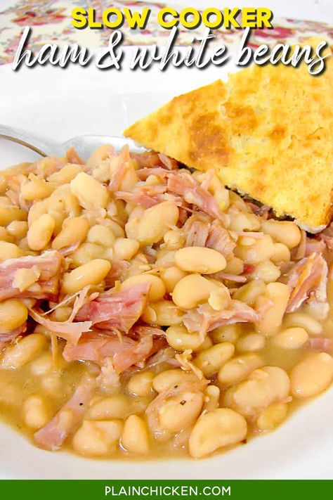 Crockpot Ham And Beans, Beans Recipe Crockpot, Beans And Ham, Beans In Crockpot, Slow Cooker Beans, Slow Cooker Ham, Crockpot Ham, Soup Beans, Ham And Beans