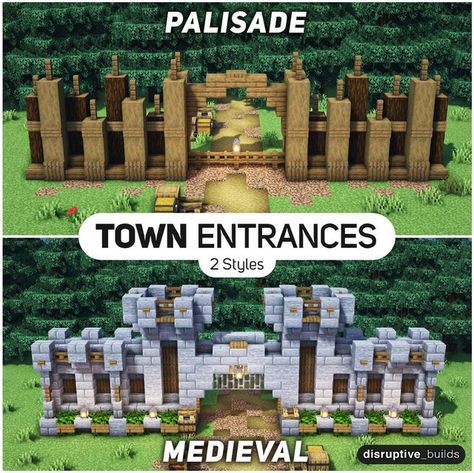 Minecraft Wall Gate Design, Minecraft Wall Entrance Designs, Minecraft Town Wall Ideas, Wall Entrance Minecraft, Minecraft Big Entrance Ideas, Minecraft Survival Wall, Palisade Wall Minecraft, Cute Mine Entrance Minecraft, Minecraft Mine Entrance Simple