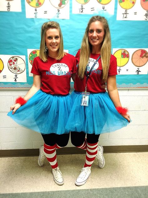 Read Across America Week! Teacher 1 Teacher 2 outfits ❤️❤️ Happy Birthday Dr. Seuss #iteachthird #teachersfollowteachers #drseuss Teacher 1 Teacher 2 Shirts Dr. Seuss, Dr Sues Costumes, Dr Seuss Spirit Week Outfit Ideas, Thing 1 Thing 2 Costume Teacher, Dr Seuss Teacher Costume, Dr Sues Dress Up Ideas, Cat In The Hat Dress Up Ideas For School, Dr Suess Inspired Outfits, Teacher Spirit Week Outfits