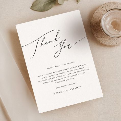 Elegant Script Black White Wedding Reception Table Thank You Card Simple Wedding Place Settings, Black White Wedding Reception, Wedding Thank You Messages, Wedding Thank You Cards Wording, Pretty Tablescapes, White Wedding Reception, Simple Modern Wedding, Classic Wedding Stationery, Thank You Card Wording