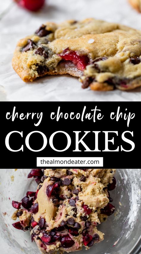 Chocolate Chip Cherry Cookies Recipes, Chocolate Chip And Cherry Cookies, Dark Cherry Dessert Recipes, Cherry Bakewell Cookies, Chocolate Cherry Chip Cookies, Cherry Chocolate Chunk Cookies, Fresh Cherry Cookies Recipes, Pin Cherry Recipes, Recipes With Canned Cherries