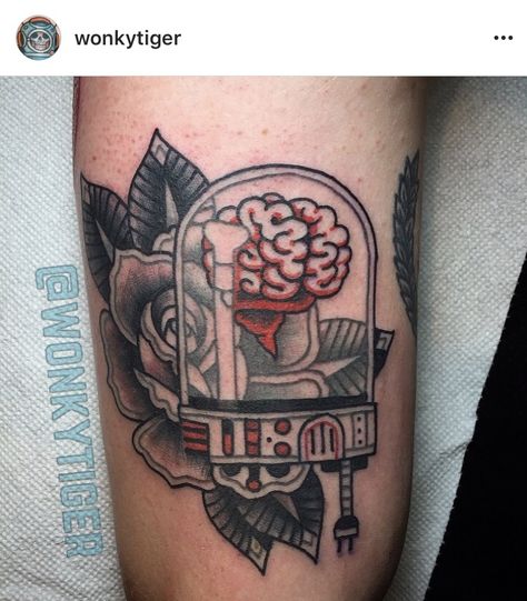 American Traditional Brain Tattoo, Brain Traditional Tattoo, Solipsism Tattoo, Brain In A Jar Tattoo, Jar Tattoo, Brain Tattoo, Creepy Tattoos, The Bell Jar, American Traditional